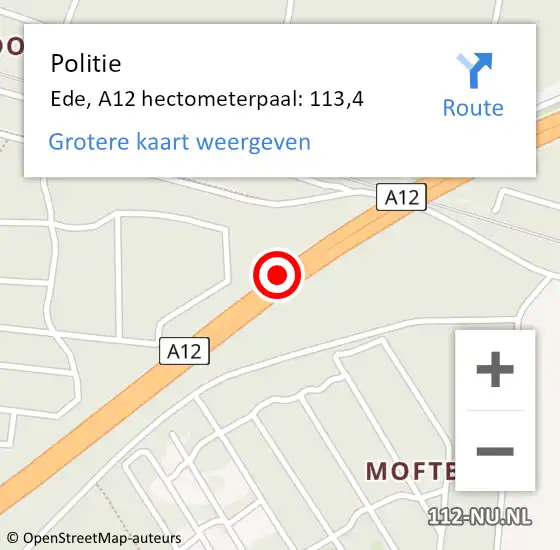 Locatie op kaart van de 112 melding: Politie Ede, A12 hectometerpaal: 113,4 op 8 september 2023 15:42