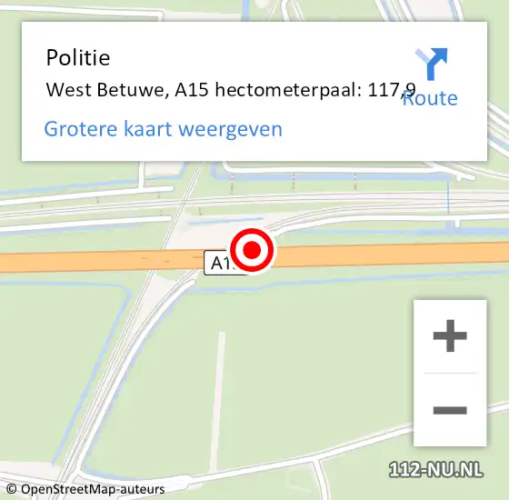 Locatie op kaart van de 112 melding: Politie West Betuwe, A15 hectometerpaal: 117,9 op 8 september 2023 15:52