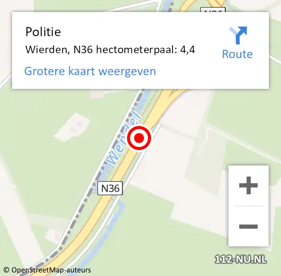 Locatie op kaart van de 112 melding: Politie Wierden, N36 hectometerpaal: 4,4 op 8 september 2023 16:44