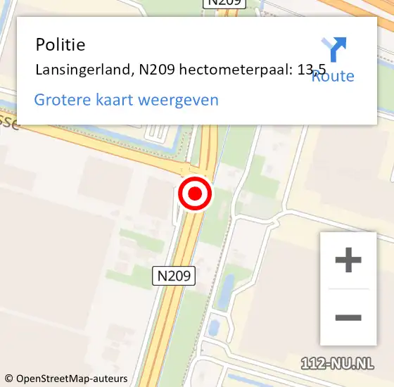 Locatie op kaart van de 112 melding: Politie Lansingerland, N209 hectometerpaal: 13,5 op 8 september 2023 19:30