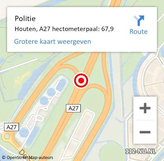 Locatie op kaart van de 112 melding: Politie Houten, A27 hectometerpaal: 67,9 op 8 september 2023 19:36