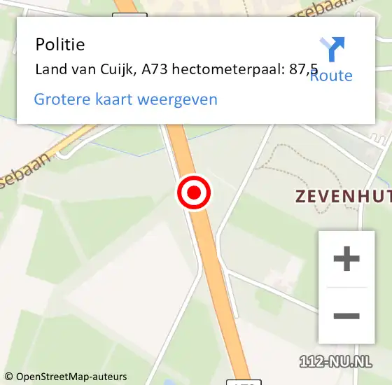 Locatie op kaart van de 112 melding: Politie Land van Cuijk, A73 hectometerpaal: 87,5 op 8 september 2023 20:43