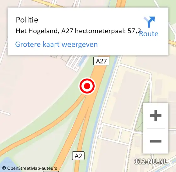 Locatie op kaart van de 112 melding: Politie Het Hogeland, A27 hectometerpaal: 57,2 op 8 september 2023 22:19