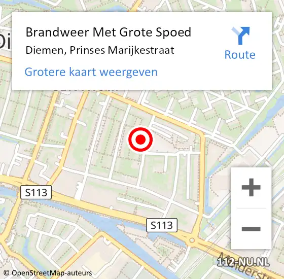 Locatie op kaart van de 112 melding: Brandweer Met Grote Spoed Naar Diemen, Prinses Marijkestraat op 8 september 2023 22:34