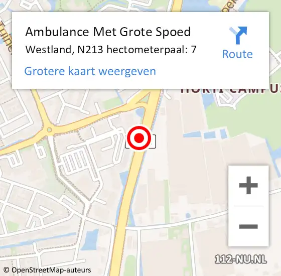 Locatie op kaart van de 112 melding: Ambulance Met Grote Spoed Naar Westland, N213 hectometerpaal: 7 op 9 september 2023 01:03