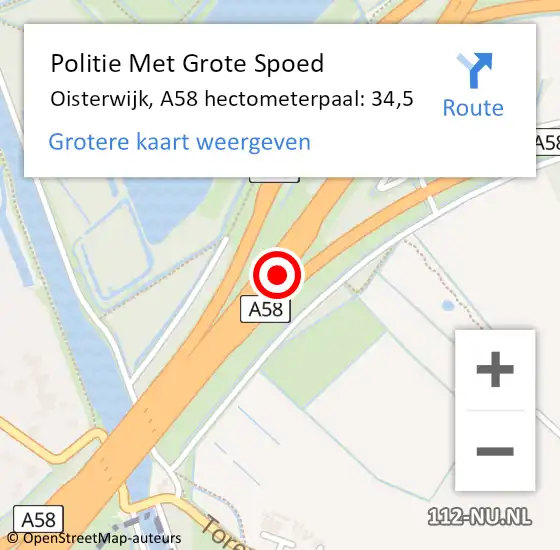 Locatie op kaart van de 112 melding: Politie Met Grote Spoed Naar Oisterwijk, A58 hectometerpaal: 34,5 op 9 september 2023 01:59