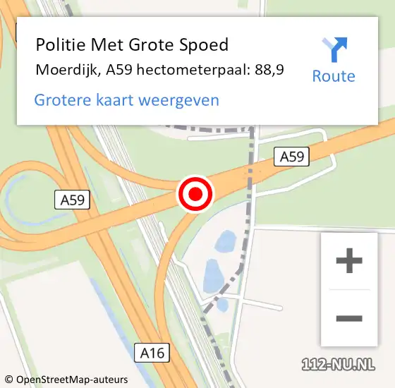 Locatie op kaart van de 112 melding: Politie Met Grote Spoed Naar Moerdijk, A59 hectometerpaal: 88,9 op 9 september 2023 06:07
