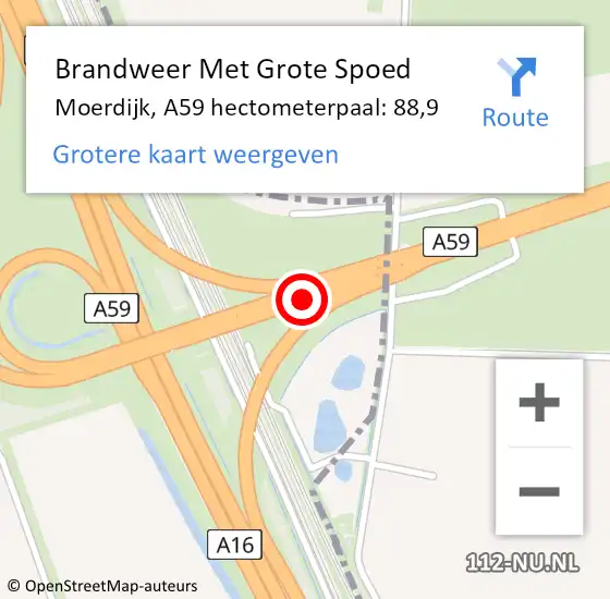 Locatie op kaart van de 112 melding: Brandweer Met Grote Spoed Naar Moerdijk, A59 hectometerpaal: 88,9 op 9 september 2023 06:10