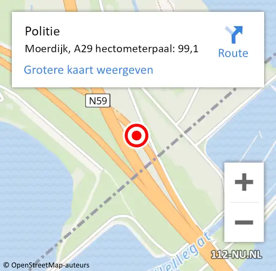 Locatie op kaart van de 112 melding: Politie Moerdijk, A29 hectometerpaal: 99,1 op 9 september 2023 06:37