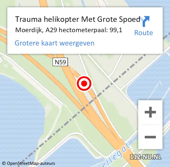 Locatie op kaart van de 112 melding: Trauma helikopter Met Grote Spoed Naar Moerdijk, A29 hectometerpaal: 99,1 op 9 september 2023 07:03