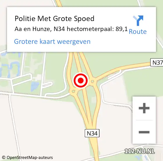 Locatie op kaart van de 112 melding: Politie Met Grote Spoed Naar Aa en Hunze, N34 hectometerpaal: 89,1 op 9 september 2023 08:58