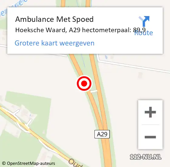 Locatie op kaart van de 112 melding: Ambulance Met Spoed Naar Hoeksche Waard, A29 hectometerpaal: 89,9 op 9 september 2023 10:13