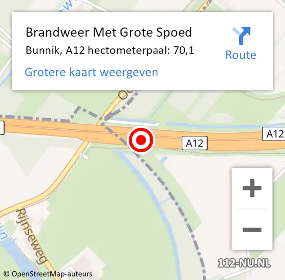 Locatie op kaart van de 112 melding: Brandweer Met Grote Spoed Naar Bunnik, A12 hectometerpaal: 70,1 op 9 september 2023 12:05