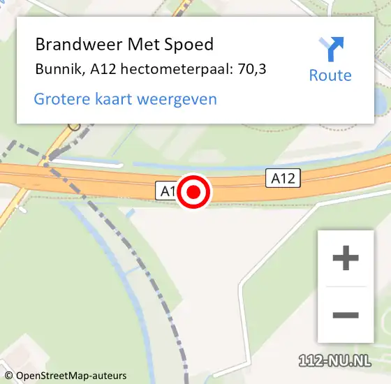 Locatie op kaart van de 112 melding: Brandweer Met Spoed Naar Bunnik, A12 hectometerpaal: 70,3 op 9 september 2023 12:07