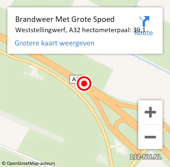 Locatie op kaart van de 112 melding: Brandweer Met Grote Spoed Naar Weststellingwerf, A32 hectometerpaal: 39,1 op 9 september 2023 12:10