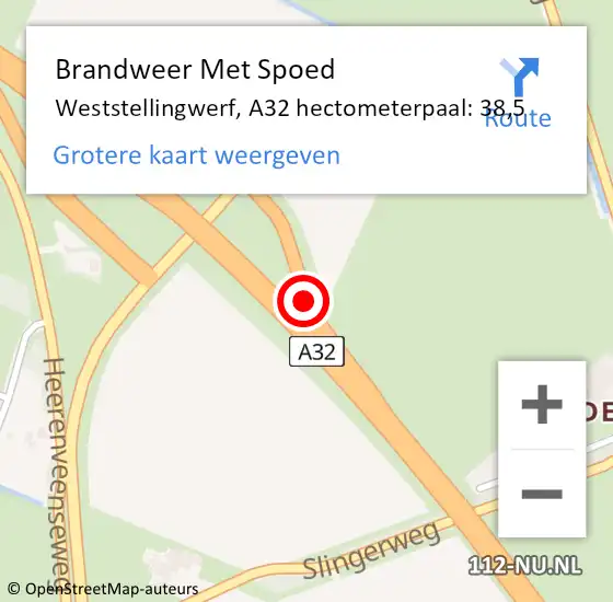 Locatie op kaart van de 112 melding: Brandweer Met Spoed Naar Weststellingwerf, A32 hectometerpaal: 38,5 op 9 september 2023 14:08