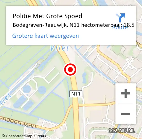 Locatie op kaart van de 112 melding: Politie Met Grote Spoed Naar Bodegraven-Reeuwijk, N11 hectometerpaal: 18,5 op 9 september 2023 14:32