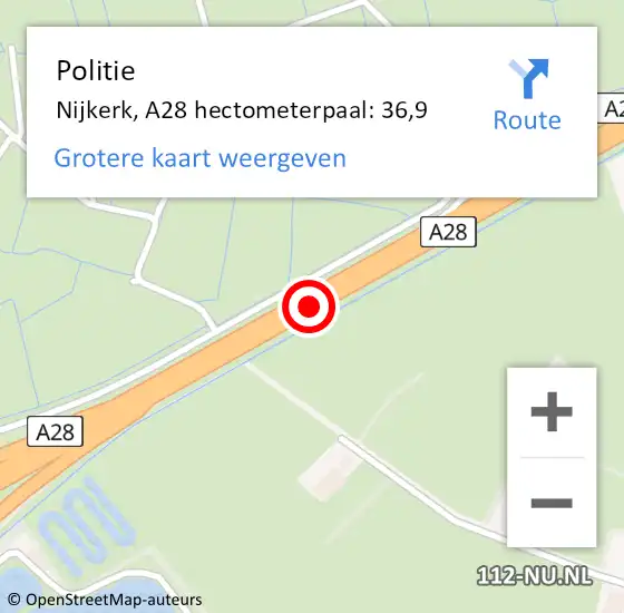 Locatie op kaart van de 112 melding: Politie Nijkerk, A28 hectometerpaal: 36,9 op 9 september 2023 14:36