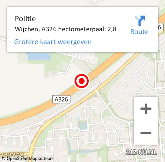 Locatie op kaart van de 112 melding: Politie Wijchen, A326 hectometerpaal: 2,8 op 9 september 2023 15:04