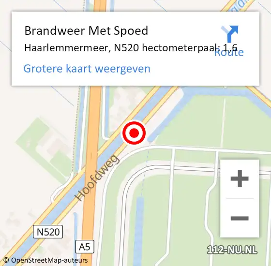 Locatie op kaart van de 112 melding: Brandweer Met Spoed Naar Haarlemmermeer, N520 hectometerpaal: 1,6 op 9 september 2023 15:21