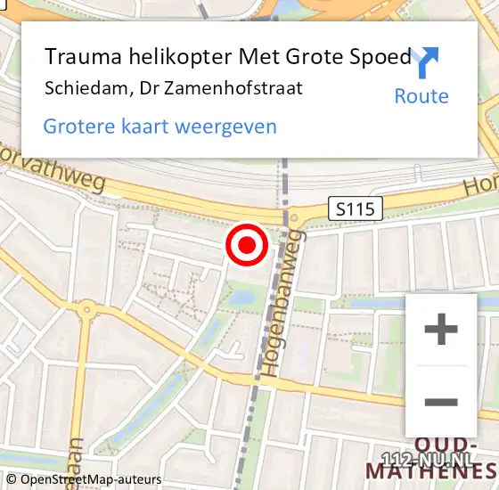 Locatie op kaart van de 112 melding: Trauma helikopter Met Grote Spoed Naar Schiedam, Dr Zamenhofstraat op 9 september 2023 16:23