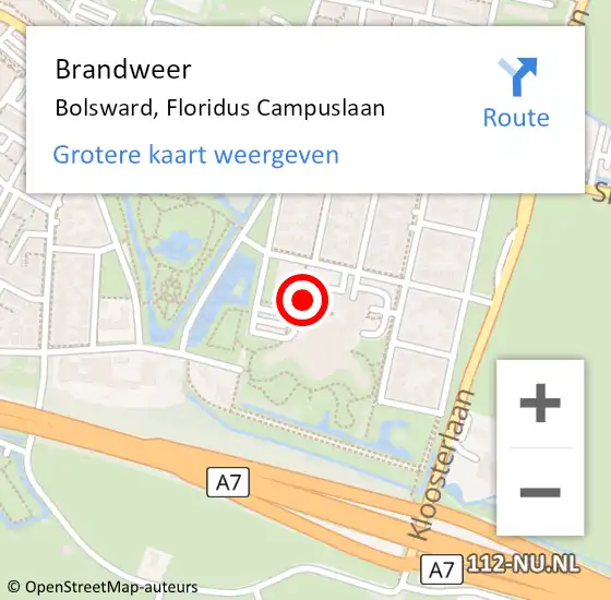 Locatie op kaart van de 112 melding: Brandweer Bolsward, Floridus Campuslaan op 9 september 2023 17:15