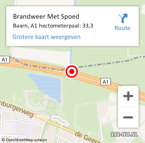 Locatie op kaart van de 112 melding: Brandweer Met Spoed Naar Baarn, A1 hectometerpaal: 33,3 op 9 september 2023 18:50