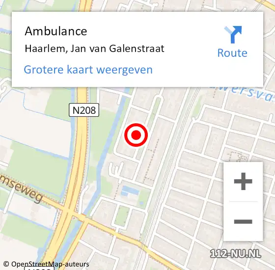 Locatie op kaart van de 112 melding: Ambulance Haarlem, Jan van Galenstraat op 9 september 2023 19:17