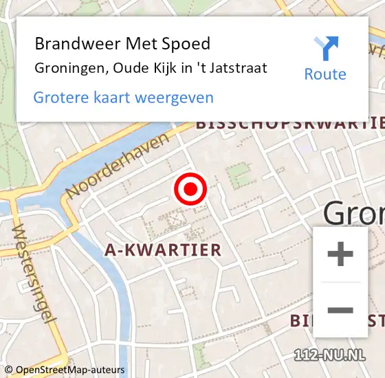 Locatie op kaart van de 112 melding: Brandweer Met Spoed Naar Groningen, Oude Kijk in 't Jatstraat op 10 september 2023 00:05