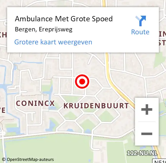 Locatie op kaart van de 112 melding: Ambulance Met Grote Spoed Naar Bergen, Ereprijsweg op 10 september 2023 04:36