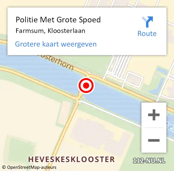 Locatie op kaart van de 112 melding: Politie Met Grote Spoed Naar Farmsum, Kloosterlaan op 10 september 2023 07:14