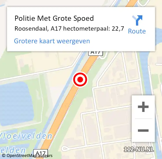 Locatie op kaart van de 112 melding: Politie Met Grote Spoed Naar Roosendaal, A17 hectometerpaal: 22,7 op 10 september 2023 08:01