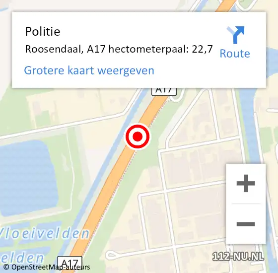 Locatie op kaart van de 112 melding: Politie Roosendaal, A17 hectometerpaal: 22,7 op 10 september 2023 08:01
