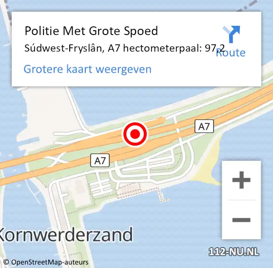 Locatie op kaart van de 112 melding: Politie Met Grote Spoed Naar Súdwest-Fryslân, A7 hectometerpaal: 97,2 op 10 september 2023 08:44