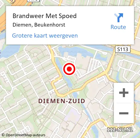 Locatie op kaart van de 112 melding: Brandweer Met Spoed Naar Diemen, Beukenhorst op 10 september 2023 08:59