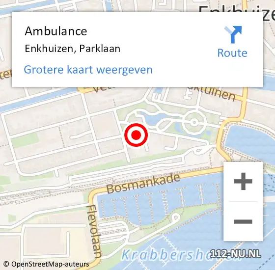 Locatie op kaart van de 112 melding: Ambulance Enkhuizen, Parklaan op 10 september 2023 09:18