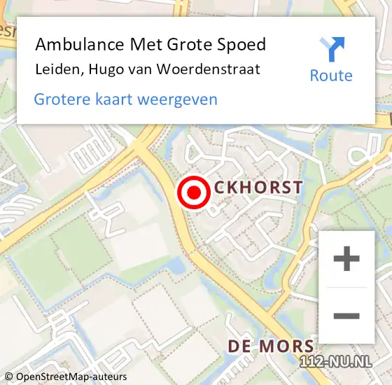 Locatie op kaart van de 112 melding: Ambulance Met Grote Spoed Naar Leiden, Hugo van Woerdenstraat op 10 september 2023 09:26