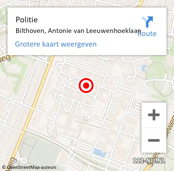 Locatie op kaart van de 112 melding: Politie Bilthoven, Antonie van Leeuwenhoeklaan op 10 september 2023 09:50