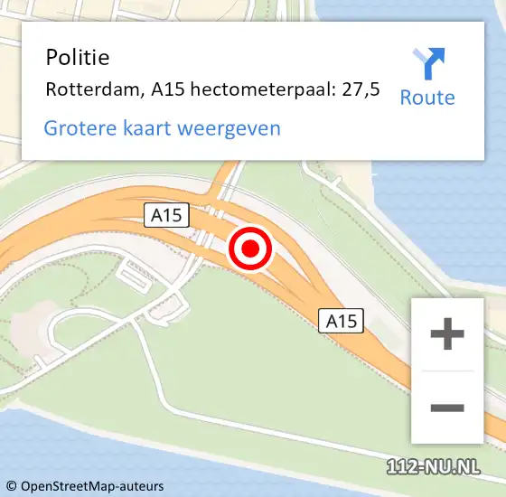 Locatie op kaart van de 112 melding: Politie Rotterdam, A15 hectometerpaal: 27,5 op 10 september 2023 15:18