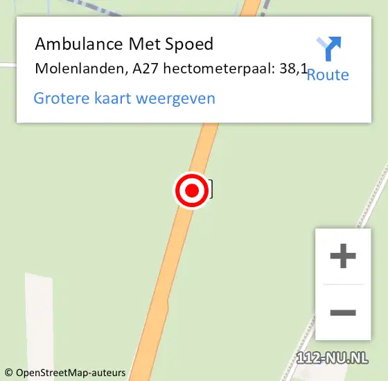 Locatie op kaart van de 112 melding: Ambulance Met Spoed Naar Molenlanden, A27 hectometerpaal: 38,1 op 10 september 2023 16:28
