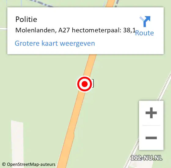 Locatie op kaart van de 112 melding: Politie Molenlanden, A27 hectometerpaal: 38,1 op 10 september 2023 16:30