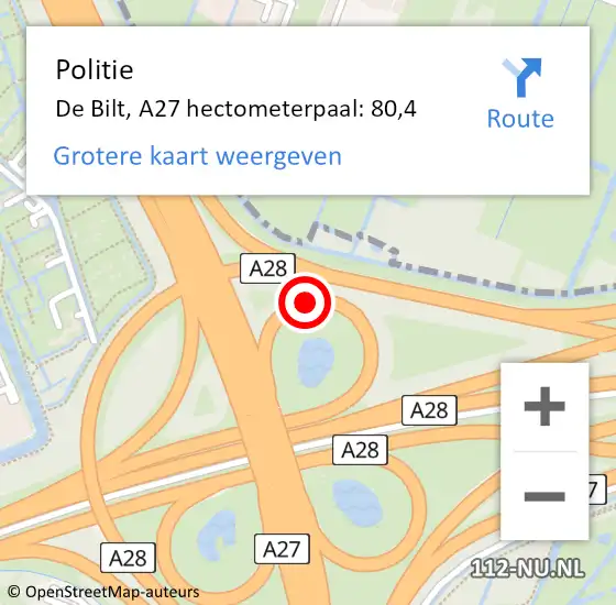 Locatie op kaart van de 112 melding: Politie De Bilt, A27 hectometerpaal: 80,4 op 10 september 2023 17:10