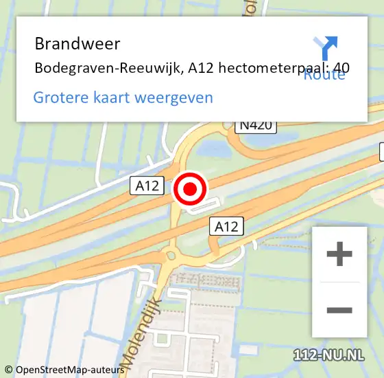 Locatie op kaart van de 112 melding: Brandweer Bodegraven-Reeuwijk, A12 hectometerpaal: 40 op 10 september 2023 19:07