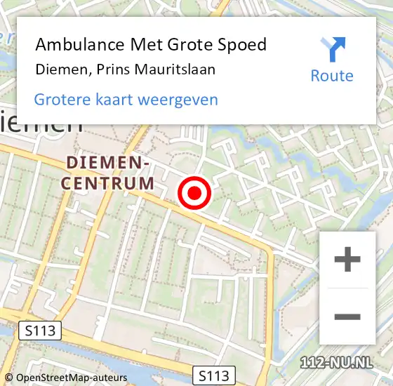 Locatie op kaart van de 112 melding: Ambulance Met Grote Spoed Naar Diemen, Prins Mauritslaan op 10 september 2023 19:46