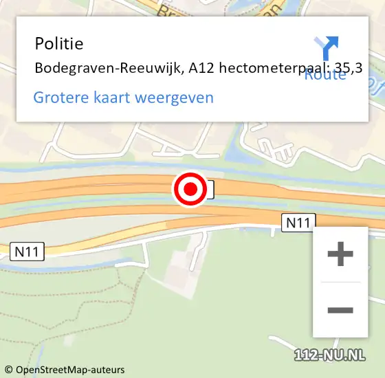 Locatie op kaart van de 112 melding: Politie Bodegraven-Reeuwijk, A12 hectometerpaal: 35,3 op 11 september 2023 05:04