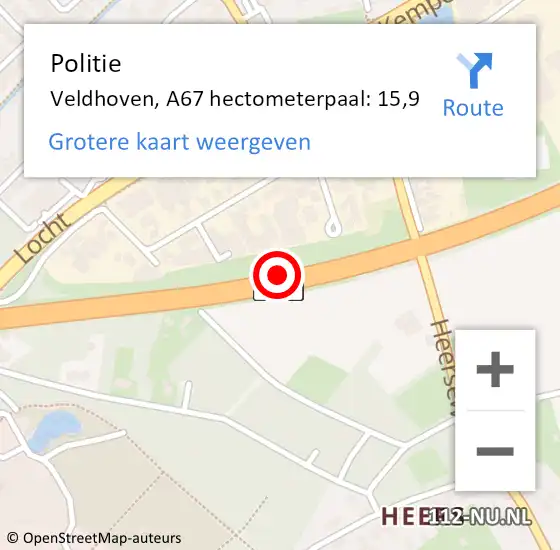 Locatie op kaart van de 112 melding: Politie Veldhoven, A67 hectometerpaal: 15,9 op 11 september 2023 06:54