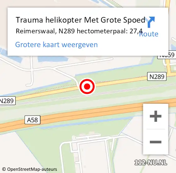 Locatie op kaart van de 112 melding: Trauma helikopter Met Grote Spoed Naar Reimerswaal, N289 hectometerpaal: 27,4 op 11 september 2023 07:54