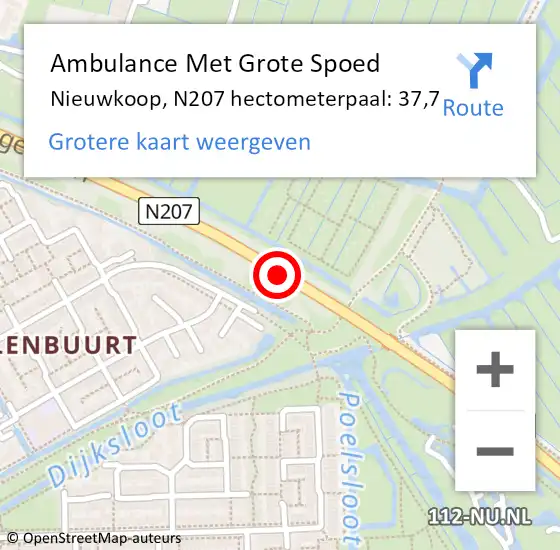 Locatie op kaart van de 112 melding: Ambulance Met Grote Spoed Naar Nieuwkoop, N207 hectometerpaal: 37,7 op 11 september 2023 08:02