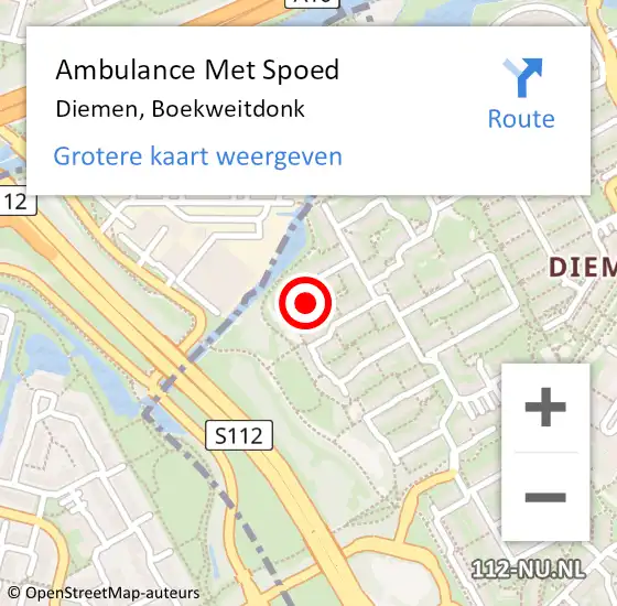 Locatie op kaart van de 112 melding: Ambulance Met Spoed Naar Diemen, Boekweitdonk op 11 september 2023 10:23