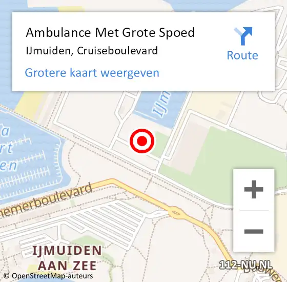 Locatie op kaart van de 112 melding: Ambulance Met Grote Spoed Naar IJmuiden, Cruiseboulevard op 11 september 2023 10:31